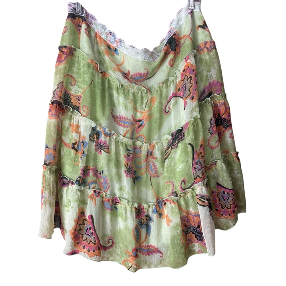 TRIBAL Vintage Y2K Green Floral Lace Trim Size 16 Pull On Midi Skirt A-Line EUC